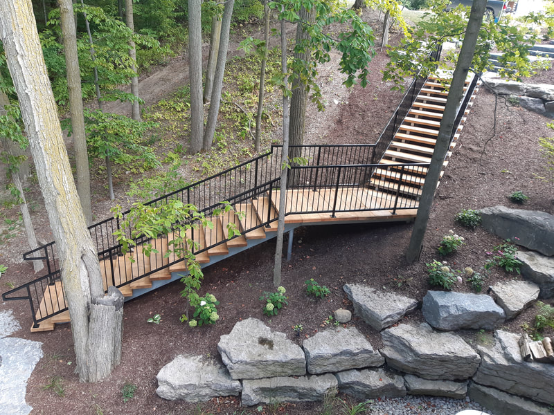 Iron stairs, steel stringers, floating stairs, landscape stair