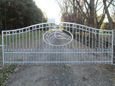 Driveway gate, iron gate, metal gate, custom gate, gate with logo, horse farm gate